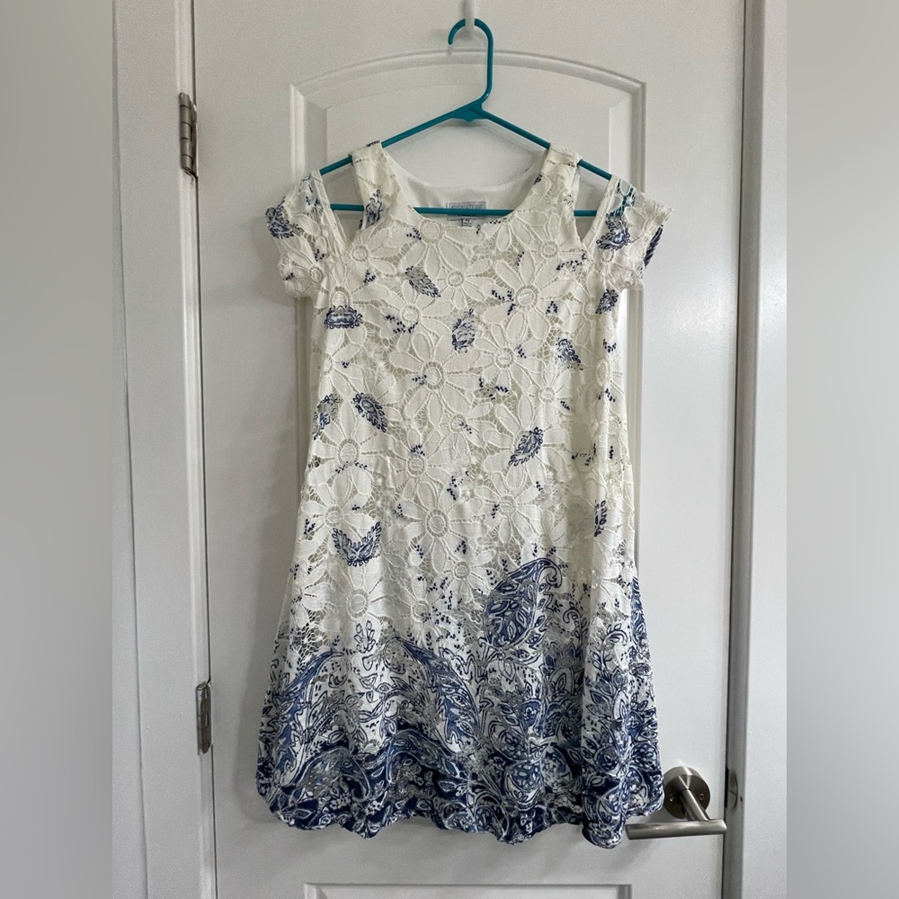 Robbie Bee White and Blue Lace Cold-Shoulder Dress